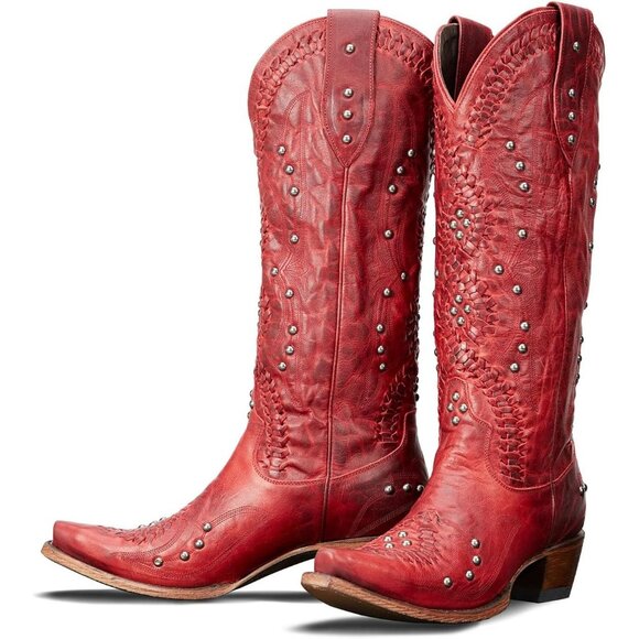 Shoes - Women's Red Knee High Western Cowgirl Boots Pointed Toe Chunky Heel Pull on